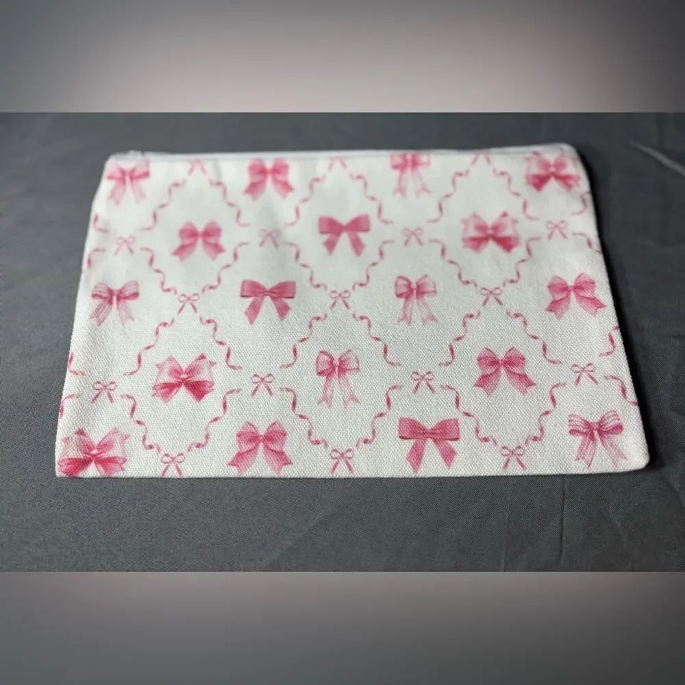 New Pink Bow Print Zip Pouch